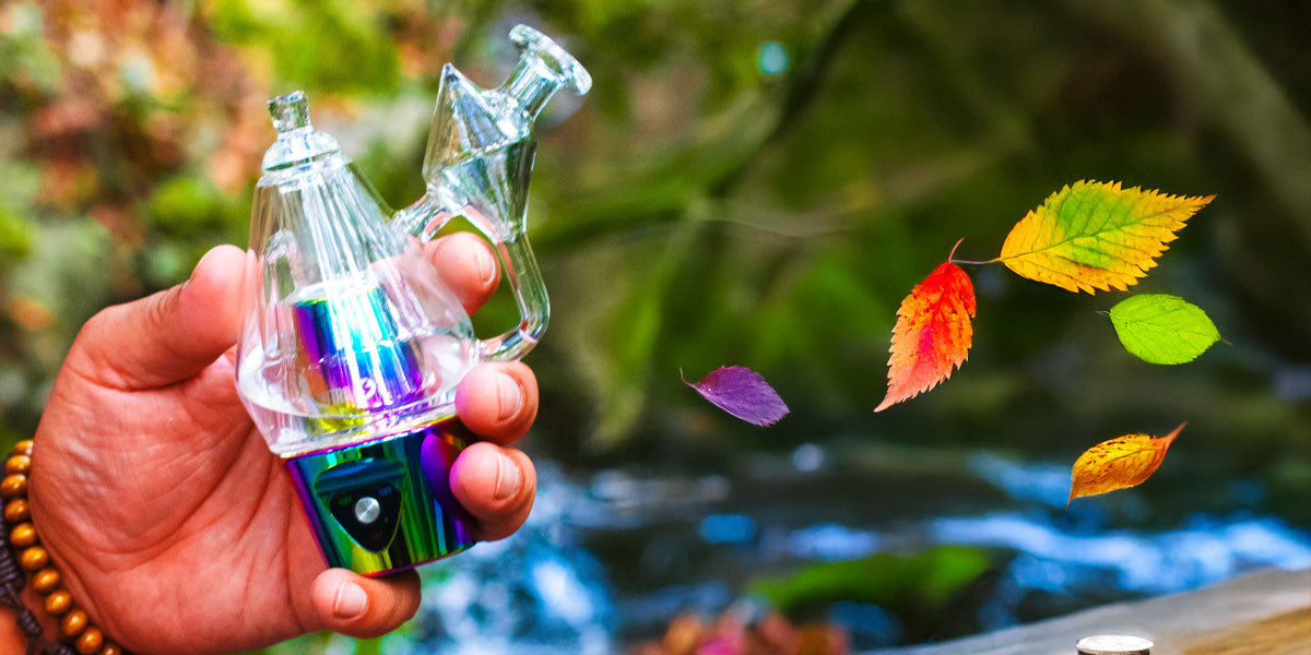 Man holding the Sutra DBR Pro with fall leaves